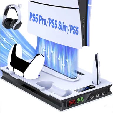 Suporte para PS5 com 2 ventoinhas de resfriamento, estação de carregamento de controle duplo rápido PS5, estação de resfriamento PS5 Suporte vertical para Sony Playstation 5 Digital/Disc Edition