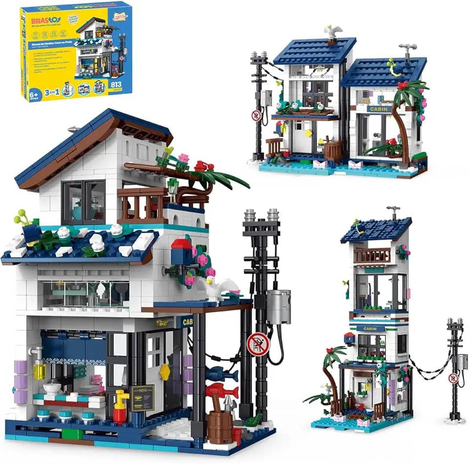 Conjunto de Blocos de Montar Construção de Casa de Praia - Modelo de Construção 3 em 1, Compatível com Blocos de 4,9 mm