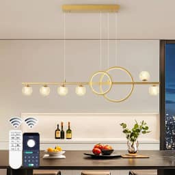ORANOOR Lustres dourados modernos para sala de jantar, lustre de LED regulável de 119,4 cm, luz pendente de ouro linear para ilha de cozinha, 6 globos atualizados para iluminação pendente pendente (2