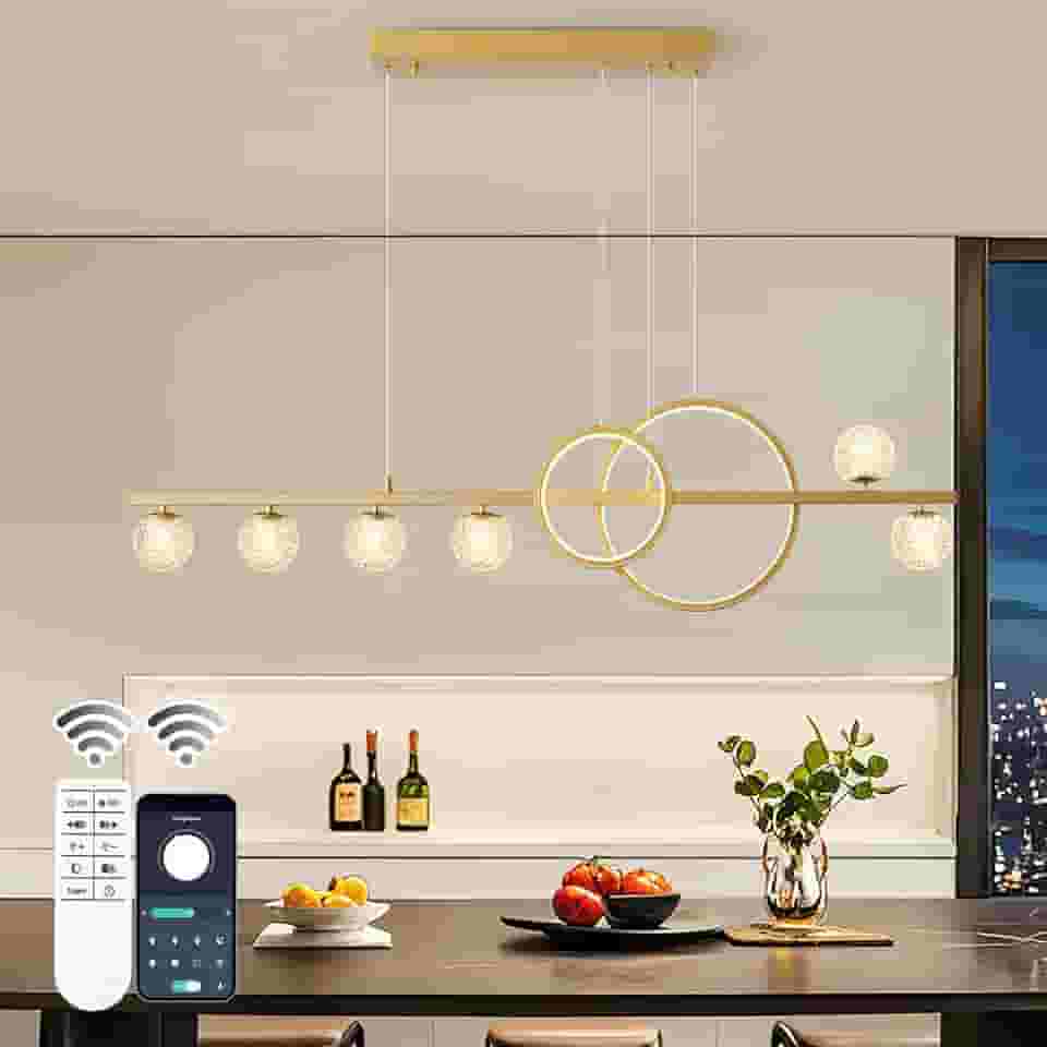 ORANOOR Lustres dourados modernos para sala de jantar, lustre de LED regulável de 119,4 cm, luz pendente de ouro linear para ilha de cozinha, 6 globos atualizados para iluminação pendente pendente (2