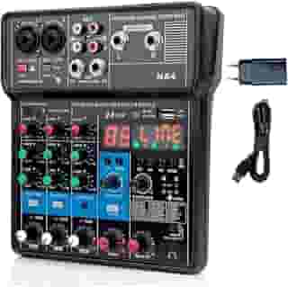Na4 Mixer de Áudio Profissional 4 Canais, Bluetooth, USB, Phantom Power 48V, Placa de Som Digital, Ideal para DJ, Podcast, Transmissões ao Vivo, Gravação e Música em Casa