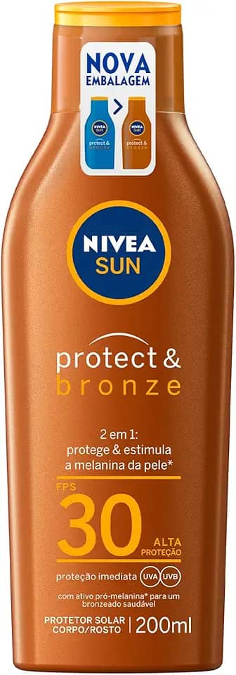 NIVEA SUN Protetor Solar Protect & Bronze FPS 30 200ml - Com ativo de pró melanina, resistente à água, protege dos raios UVA/UVB, ajuda a manter a cor bonita e uniforme por mais tempo