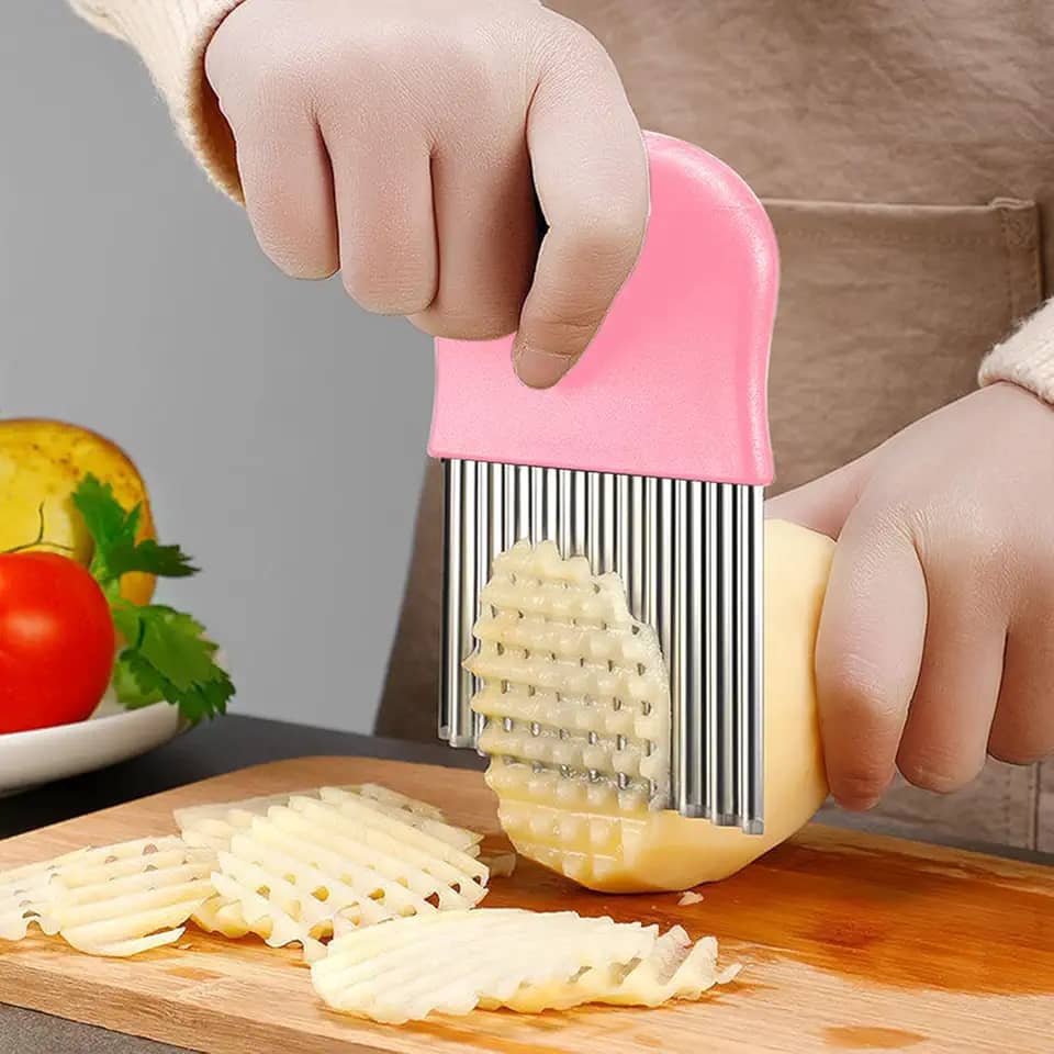 1 cortador de enrugamento, cortador de batatas fritas de aço inoxidável batata cenoura chips vegetais enrugado fatiador ondulado, rosa