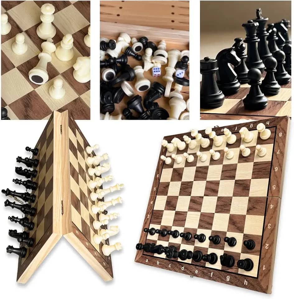 Jogo de Xadrez 3 em 1 com Dama e Gamão, Peças em Resina, 29x29cm, Estilo Estojo Clássico Profissional Luxo, Tabuleiro Portátil Organizado