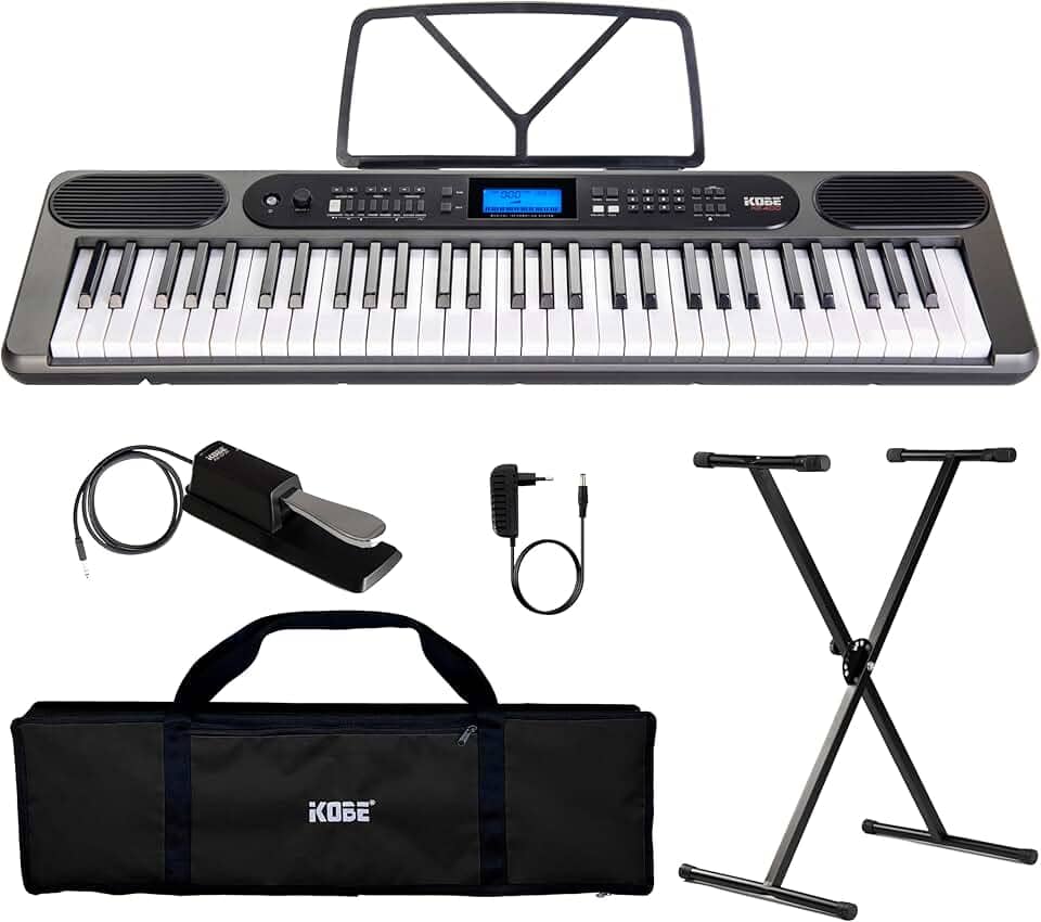 Kit Teclado Musical Kobe Kb-400 5/8 61 Teclas Com Sensibilidade Conexão Midi Usb Entrada P/Pedal Sustain 500 Timbres - Completo