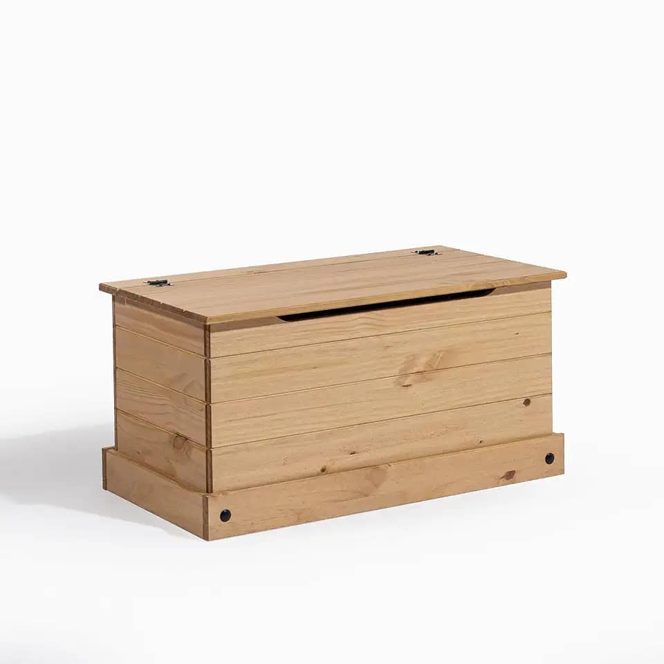 Baú de Armazenamento em Madeira Maciça de Pinus – Estilo Rústico com Tampa Articulada e Trava de Segurança