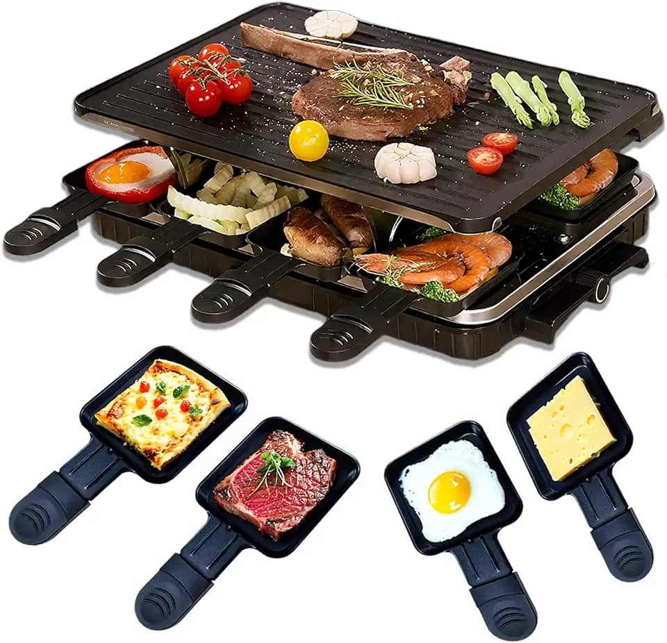 Grelhador de mesa para uso interno, sem fumaça, portátil, Raclette, antiaderente, com 8 formas de queijo, controle de temperatura e lavável na lava-louças, 1300 W, ideal para festas e diversão em