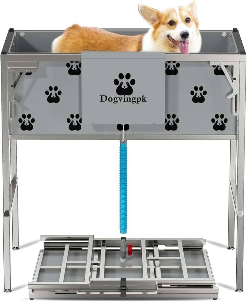 Banheira dobrável elevada para cães com ralo de capacidade de 136 kg, estação de lavagem de chuveiro portátil para animais de estimação, cuidados com o banho, cães pequenos, médios e grandes