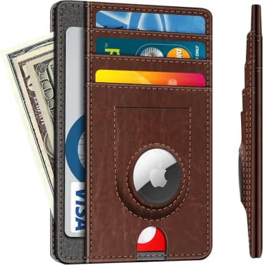 Carteira fina minimalista com bolso frontal com suporte embutido para AirTag, carteira de couro com 7 compartimentos com suporte para AirTag, cartão de crédito com bloqueio de RFID, Marrom