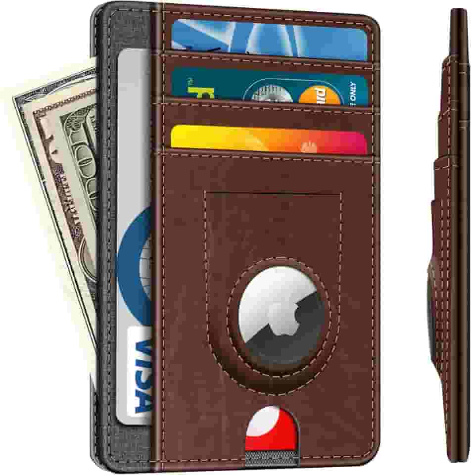 Carteira fina minimalista com bolso frontal com suporte embutido para AirTag, carteira de couro com 7 compartimentos com suporte para AirTag, cartão de crédito com bloqueio de RFID, Marrom