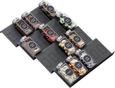 Famhap organizador de gaveta de temperos, 4 camadas expansíveis de 11,6' a 23,2' inserção de bandeja de tempero para gavetas de cozinha, bandeja de tempero para gaveta/bancada