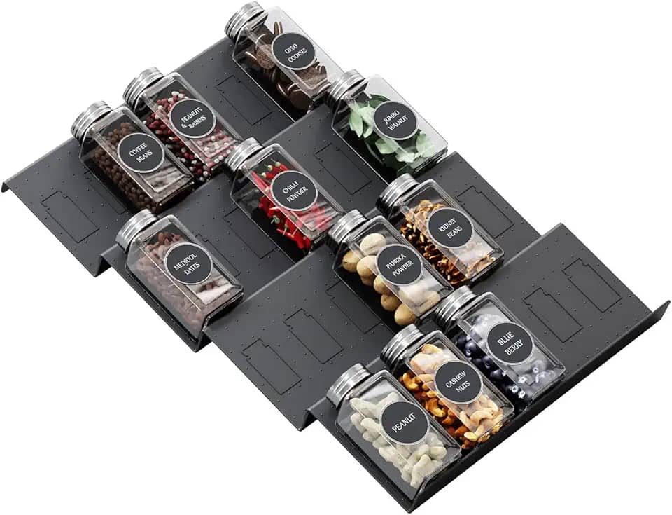 Famhap organizador de gaveta de temperos, 4 camadas expansíveis de 11,6' a 23,2' inserção de bandeja de tempero para gavetas de cozinha, bandeja de tempero para gaveta/bancada