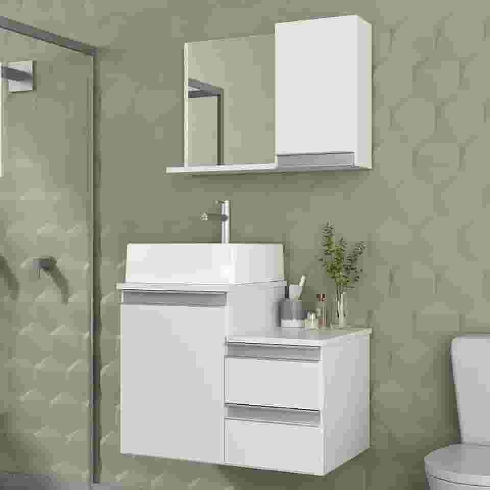 Gabinete Banheiro Cross 60cm com Cuba e Espelho (Branco Inteiro)