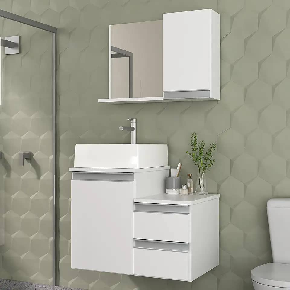 Gabinete Banheiro Cross 60cm com Cuba e Espelho (Branco Inteiro)