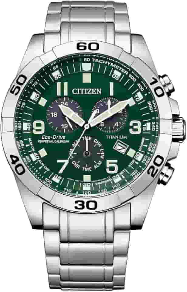 Relógio masculino Eco-Drive Sport casual Brycen cronógrafo, Super Titanium™, calendário perpétuo, taquímetro 12/24 horas, alarme, data, Pulseira/mostrador verde, Cronógrafo esportivo de luxo