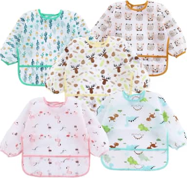 PandaEar Pacote com 5 babadores de manga comprida | Babador completo impermeável com mangas para bebês de 6 a 24 meses | Blusa de bebê à prova de bagunça para comer | Avental de bebê para alimentação