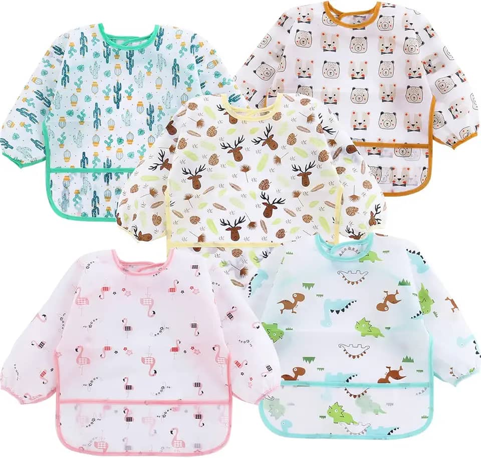 PandaEar Pacote com 5 babadores de manga comprida | Babador completo impermeável com mangas para bebês de 6 a 24 meses | Blusa de bebê à prova de bagunça para comer | Avental de bebê para alimentação