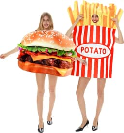 2 peças de fantasias de Halloween engraçadas para adultos, queijo, carne bovina, hambúrguer, batatas fritas, casais, adultos, tamanho único, para mulheres, homens, amigos, cosplay, festa