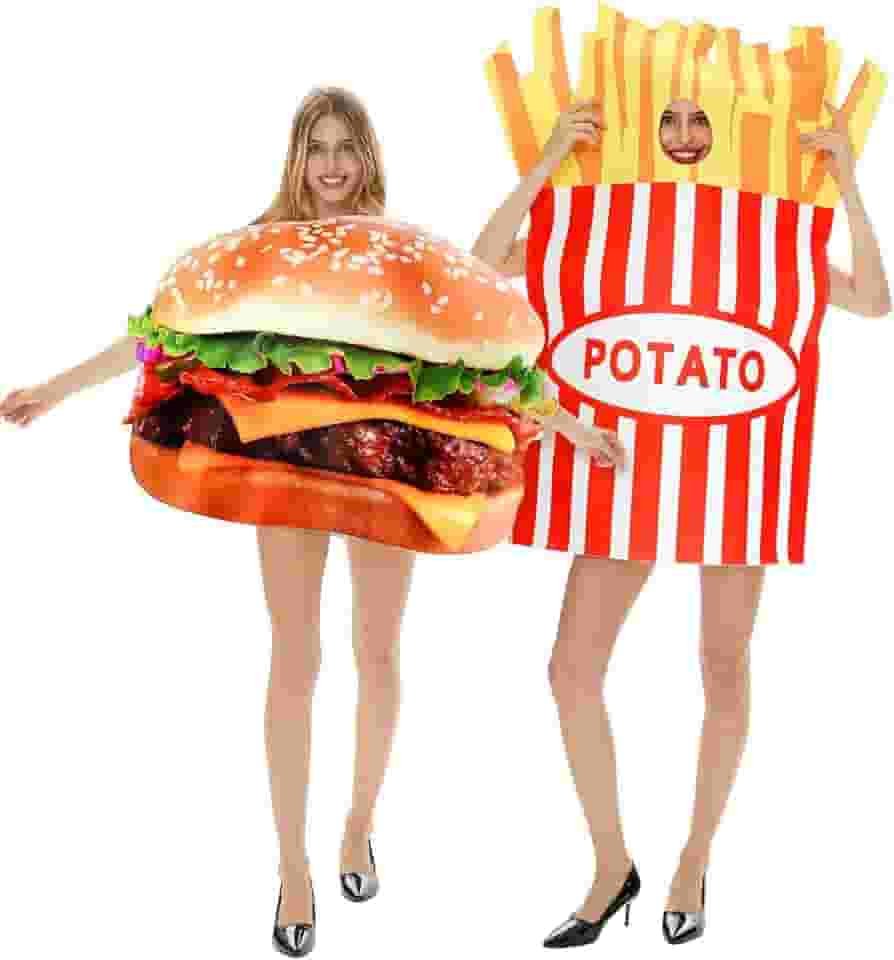 2 peças de fantasias de Halloween engraçadas para adultos, queijo, carne bovina, hambúrguer, batatas fritas, casais, adultos, tamanho único, para mulheres, homens, amigos, cosplay, festa