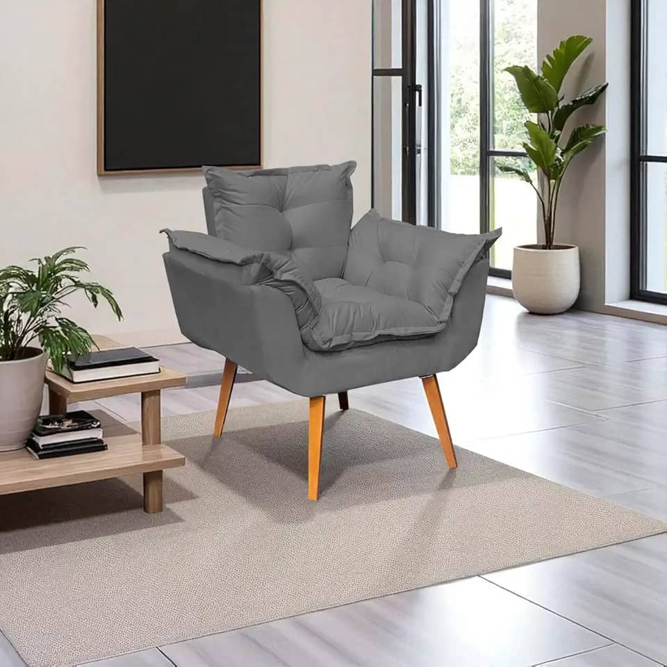 Poltrona Alice Decorativa Para Sala Cadeira Reforçada Para Recepção Manicure Clínica Sala De Espera Consultório Escritório Pé Castanho - Clique & Decore (Cinza)