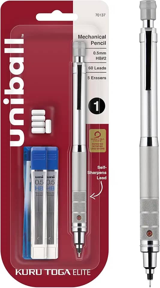 Uniball Kuru Toga Elite Kit para Iniciante de Lapiseira com Barril Prata e Ponta de 0,5 mm, 60 Recargas de Grafite e 5 Recargas de Borracha, HB #2, Material de Escritório, Material Escolar, Desenho