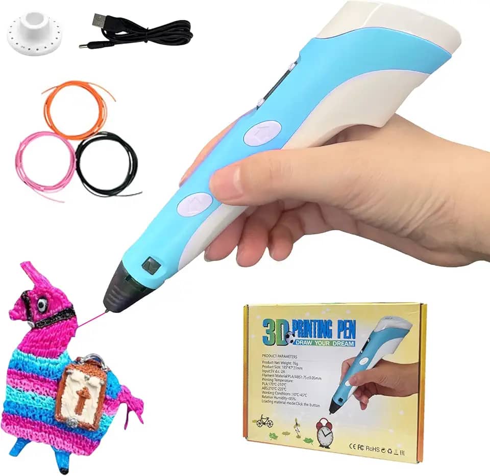 Caneta 3D com Display LED, Caneta 3D Para Crianças, Kit Filamentos Coloridos PLA, Adaptador AC, Base de Suporte, Brinquedos para Meninos e Meninas, DIY Presente de Dia das Crianças (Tricolor Azul)