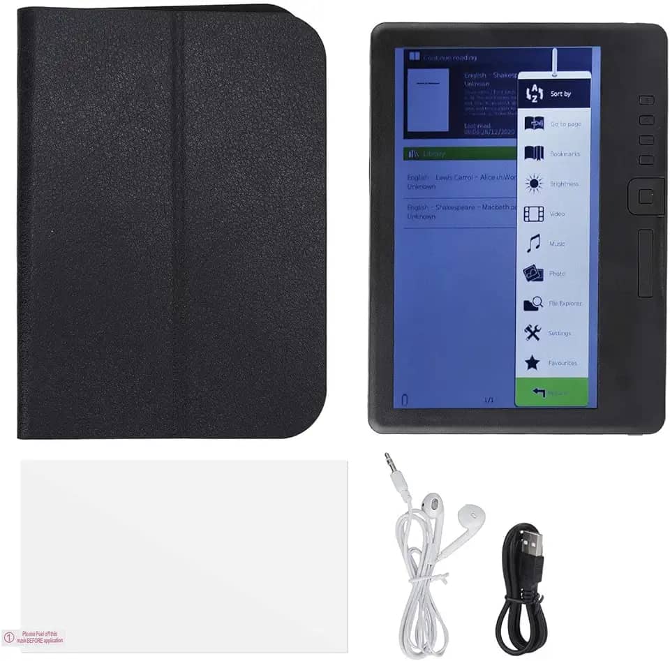 Yoidesu E-Reader, Leitor Portátil De Livros Tft Lcd Colorido 7 Polegadas Com Tela Hd 16:9, Preto, Navegação E Capa Protetora (16 Gb)