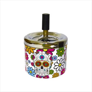 Cinzeiro Metal C/Tampa Anti-Cheiro Giratória Redondo À Prova De Vento 9x7,5cm Fechado Automático Estampas Caveiras Mexicanas Premium (Flower Skull)
