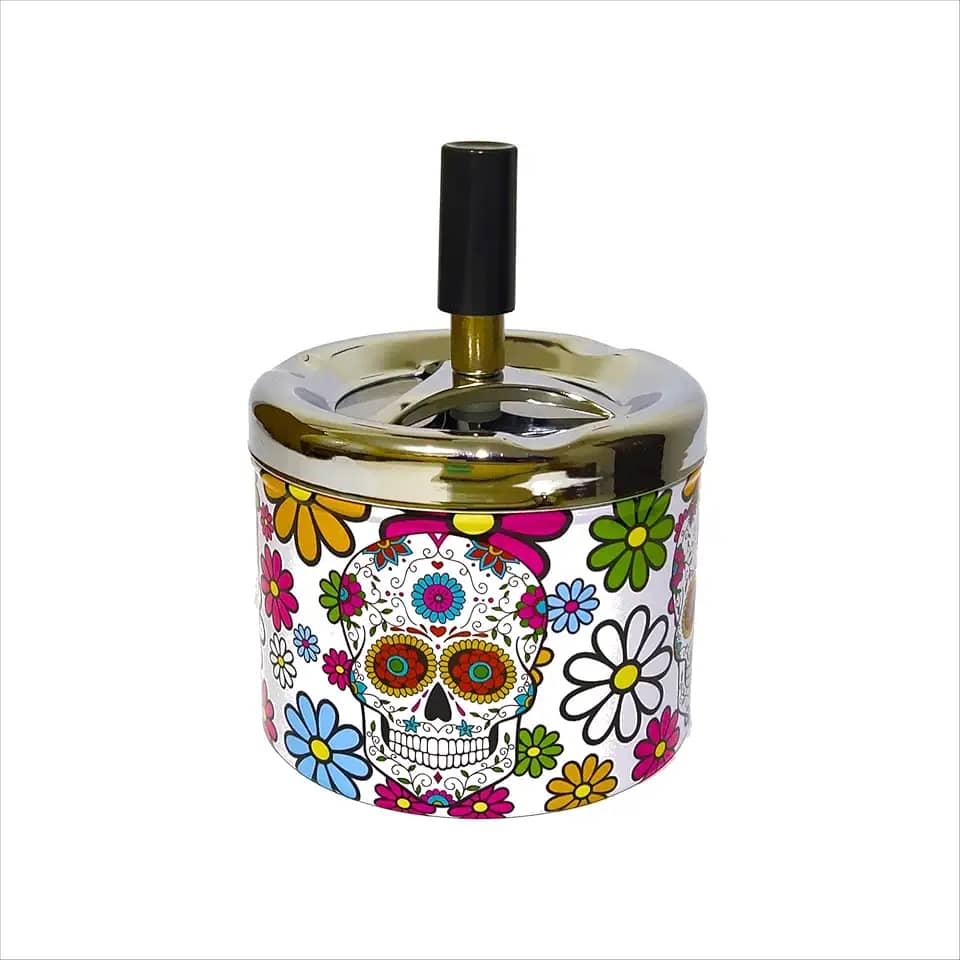 Cinzeiro Metal C/Tampa Anti-Cheiro Giratória Redondo À Prova De Vento 9x7,5cm Fechado Automático Estampas Caveiras Mexicanas Premium (Flower Skull)