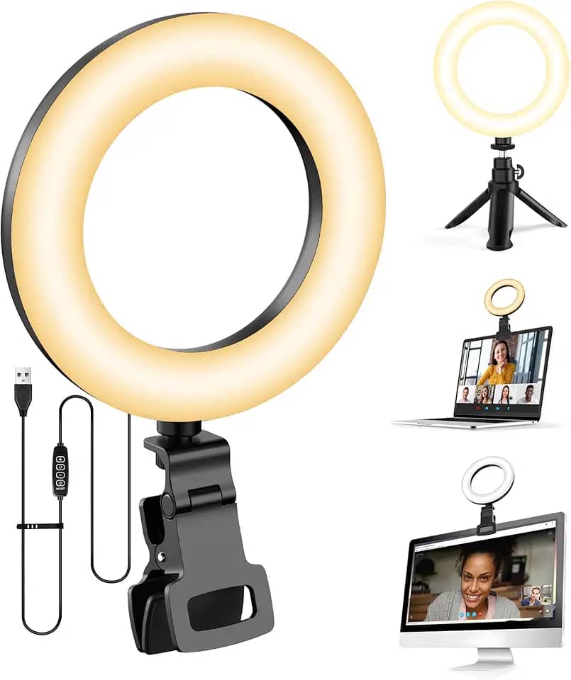 Tobeape Ring Light 5" com Tripé e Clipe, Luz de Selfie com 5 Cores e 10 Níveis de Brilho, Rotação 360° para Mesa, Maquiagem, Zoom e TikTok