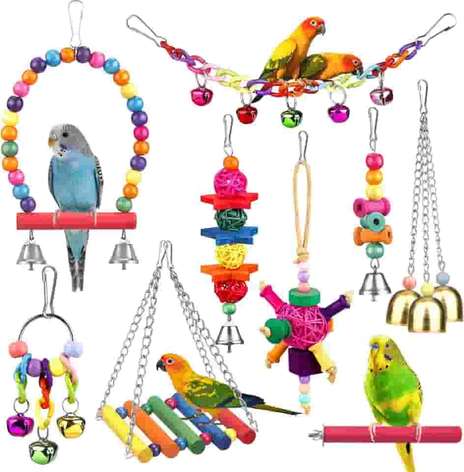 Brinquedos de pássaros para conures com rede de escada colorida, gaiola de pássaros, suporte de poleiro de pássaro, brinquedos de mastigar, sino de pendurar para papagaio, periquito, calopsita