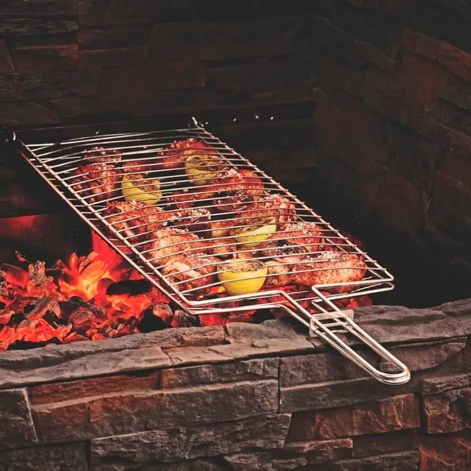 Genérico Grelha Dupla Abre e Fecha Para Churrasqueira Abaulada Churrasco Frango Peixes Linguiça Anticorrosão