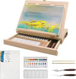 LUCYCAZ Cavalete de mesa, conjunto de cavalete de madeira de pinheiro para pintura com tela, tintas acrílicas de 12 cores, paleta de plástico e facas de paleta