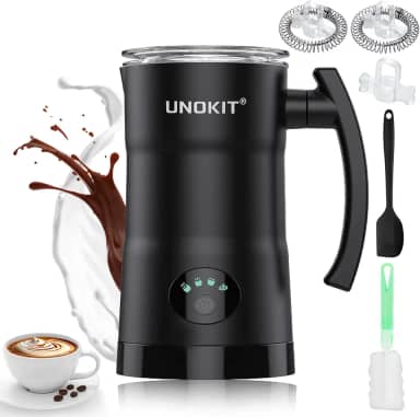 Unokit Espumador De Leite, Vaporizador E 4 Em 1 Com Controle Temperatura Desligamento Automático, Aquecedor 350 Ml, Máquina Espuma Quente Fria Para Café, Latte, Cappuccino, Macchiato, Preto