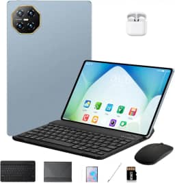 DIVENT-Tablet 3 em 1 com estojo/teclado/mouse/fone de ouvido, 10,1 polegadas, Android 14, 16GB de RAM + 512GB de ROM, câmera de 16MP + 32MP, GPS, Bluetooth, bateria de 8800 mAh, Dual-SIM (Azul)