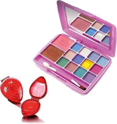 Maquiagem Infantil, Paleta de Sombras e Brilho Labial Batom Morango, Presente Para Crianças, Maquiagem Juvenil, Modelo Rosa