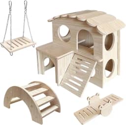 LOS ANDES Hamster Labirinto casa de madeira de dois andares, brinquedo de gangorra para hamster, ponte e balanço para ratos anões, ratos pequenos (apenas para hamster pequeno)