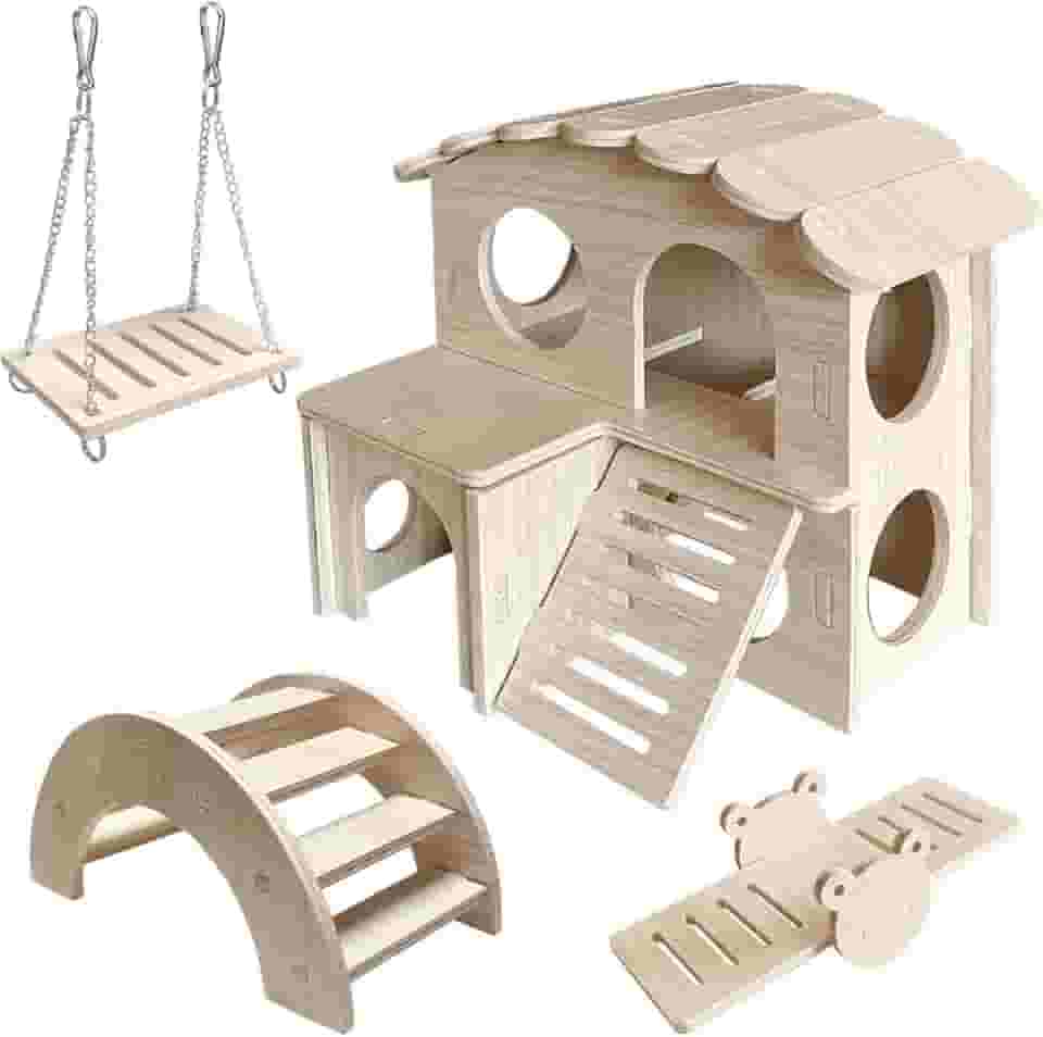 LOS ANDES Hamster Labirinto casa de madeira de dois andares, brinquedo de gangorra para hamster, ponte e balanço para ratos anões, ratos pequenos (apenas para hamster pequeno)