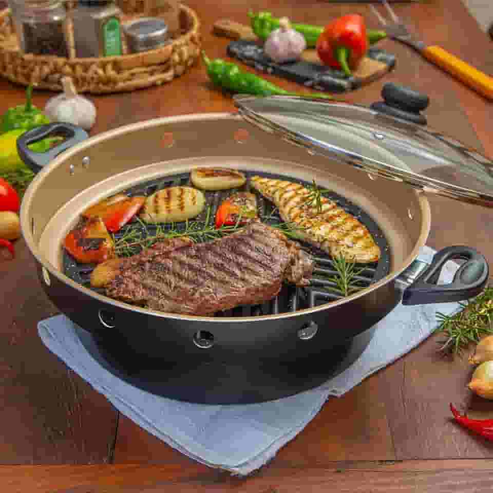 Churrasqueira de Fogão Grill Brasilar Antiaderente Sem fumaça Cor:Preto e Cereja