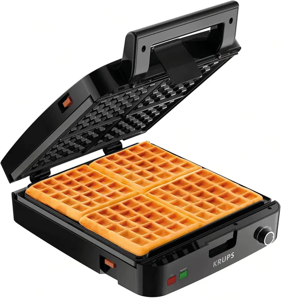 KRUPS Máquina de waffle belga com placas removíveis, 4 fatias, prata/preto