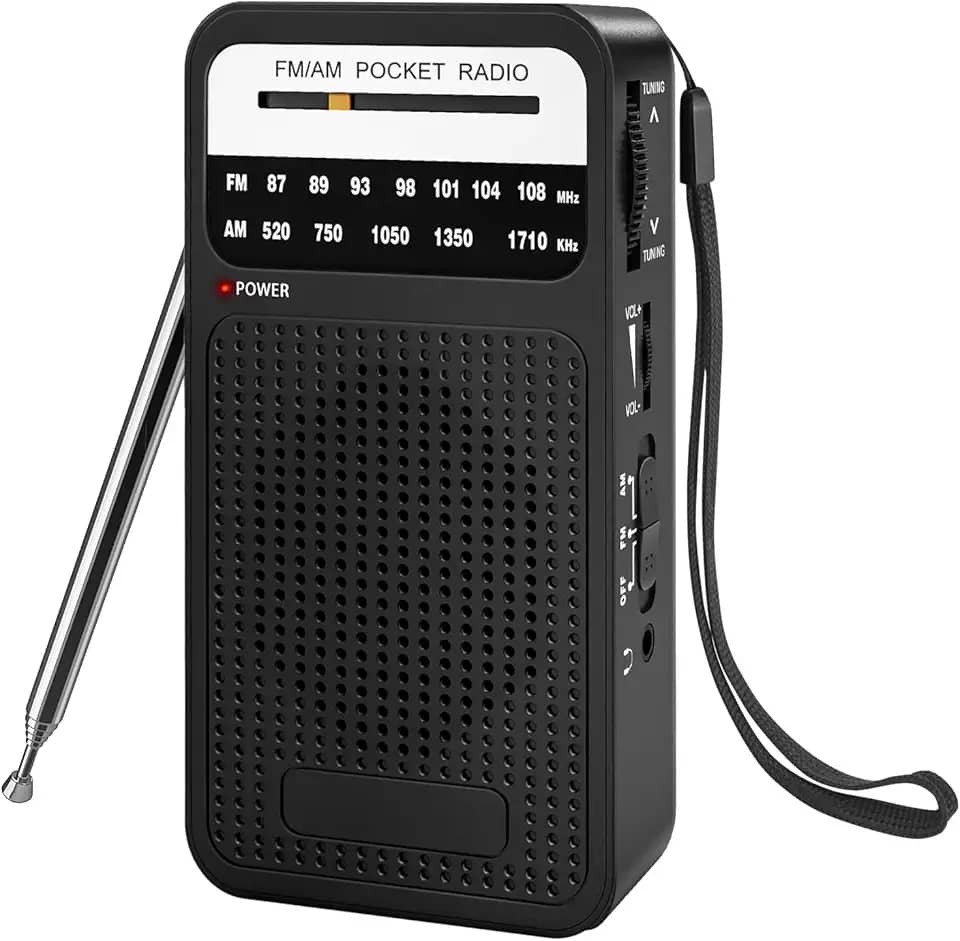 Rádio portátil AM FM com recepção de longo alcance, rádio transistor Goodes com alto-falante, conector de fone de ouvido, 2 pilhas AA, alto-falante alto, adequado para uso interno, externo e de