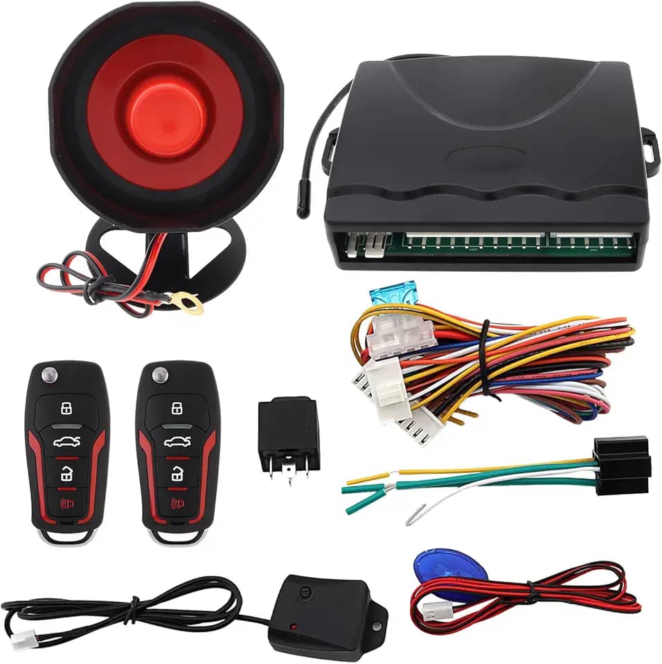 ePathChina Sistema de entrada sem chave para carro, sistema universal de segurança automotiva de 12 V, proteção de alarme contra roubo, sistema antirroubo com 2 controles remotos + sirene + unidade de