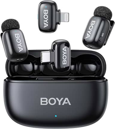Microfone Sem Fio Boya Mini-12 Lapela Android/iOS, Preto, Conector USB-C e Lightning, Perfeito para Gravações e Transmissões ao Vivo, Áudio Profissional, Design Compacto