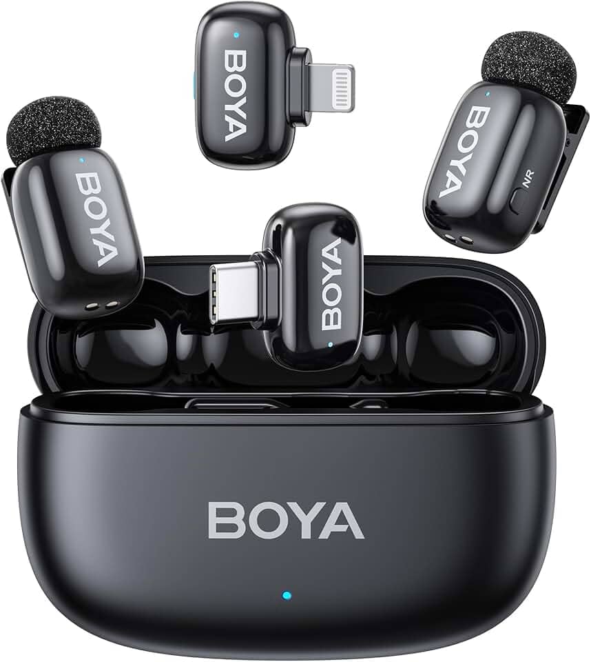 Microfone Sem Fio Boya Mini-12 Lapela Android/iOS, Preto, Conector USB-C e Lightning, Perfeito para Gravações e Transmissões ao Vivo, Áudio Profissional, Design Compacto