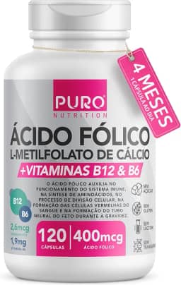 L-Metilfolato Ácido Fólico Puro Nutrition, 400 mcg de Ácido Fólico, Vitaminas B12 e B6, 120 Cápsulas