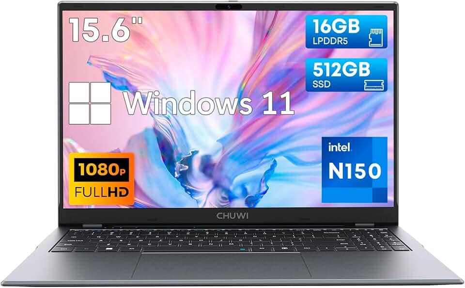 CHUWI Notebook GemiBook Plus de 15,6 polegadas, Intel N150 (Beats N100/N97/N95), 16 GB LPDDR5 512 GB SSD, laptops Windows 11 para estudantes de negócios, 2K IPS FHD, 4K HDMI, WiFi 6, BT5.2