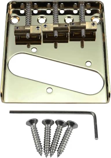 OVSAL Ponte de guitarra fixa vintage com placa de base de aço de 3 selas compensada de latão 10,8 mm compatível com peças de reposição para guitarra elétrica estilo Telecaster Tele vintage Glod