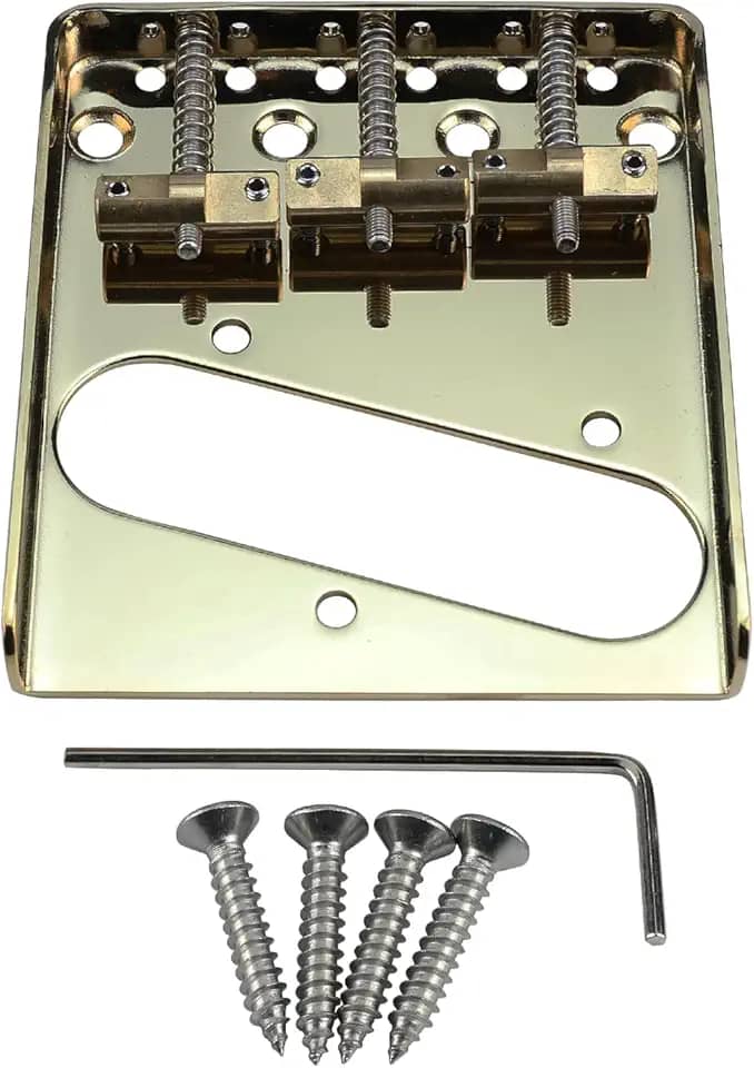 OVSAL Ponte de guitarra fixa vintage com placa de base de aço de 3 selas compensada de latão 10,8 mm compatível com peças de reposição para guitarra elétrica estilo Telecaster Tele vintage Glod