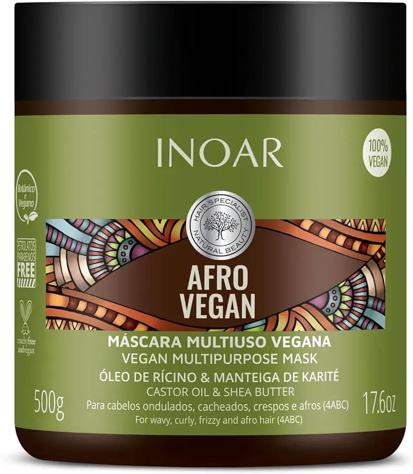 Inoar, Máscara Capilar Afro Vegan – Nutrição, Brilho e Crescimento com Óleo de Rícino, Manteiga de Karité e Vitamina E - 500g