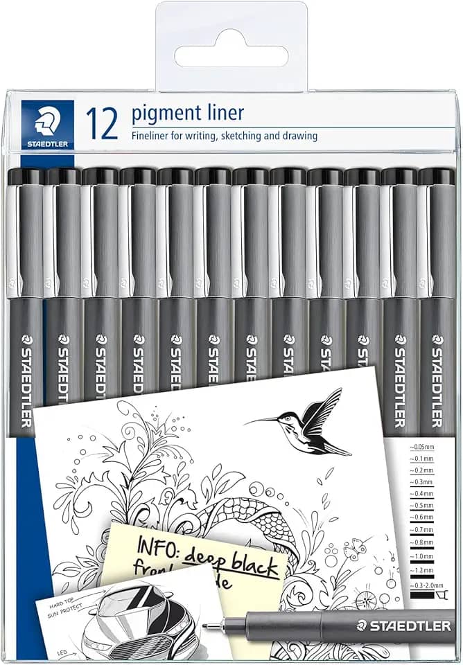 STAEDTLER Caneta Nankin Pigment Liner - 12 Unidades- 0 - Pontas Variadas: 0.05, 0.1, 0.2, 0.3, 0.4, 0.5, 0.6, 0.7, 0.8, 1.0, 1.2 e 0.3-2.0mm - Fineliner Permanente com Tinta Pigmentada, À Prova d’Água